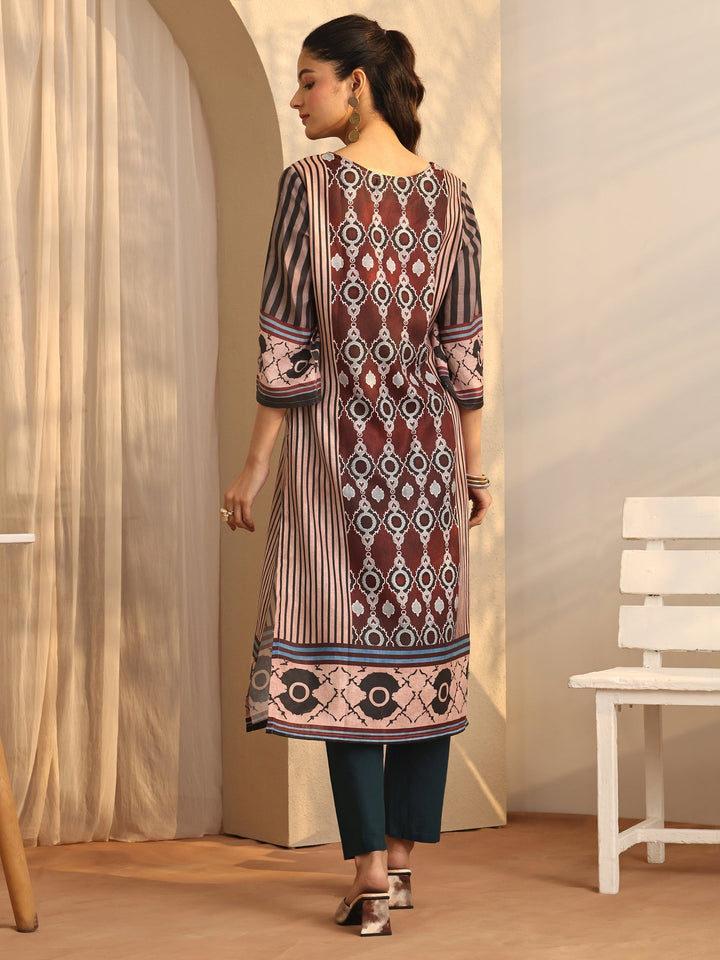 Maroon Printed Cotton Blend Straight Kurta