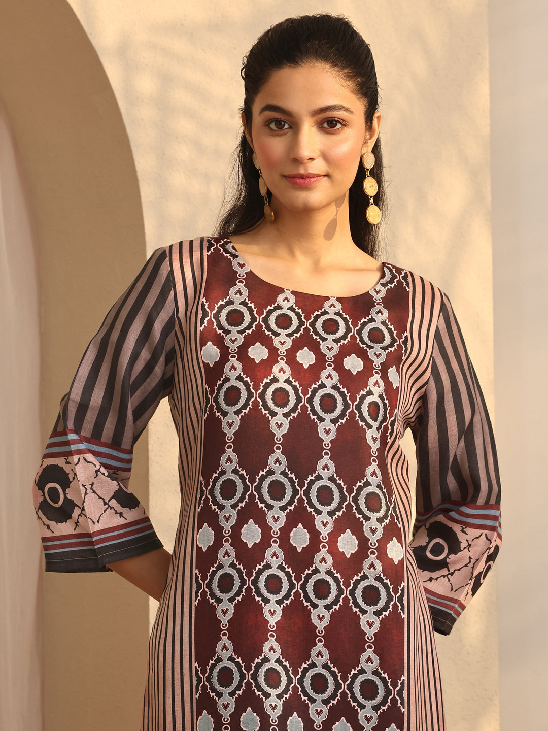 Maroon Printed Cotton Blend Straight Kurta