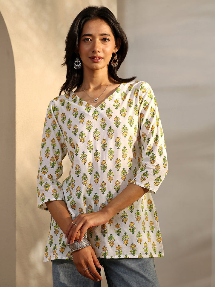 White Printed Cotton Straight Short Kurti
