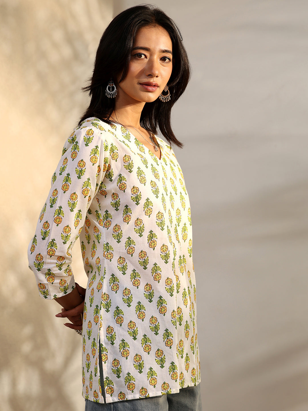 White Printed Cotton Straight Short Kurti