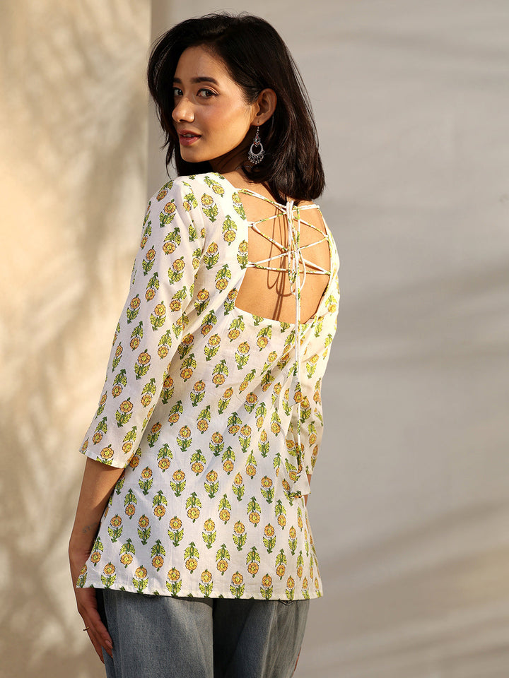 White Printed Cotton Straight Short Kurti
