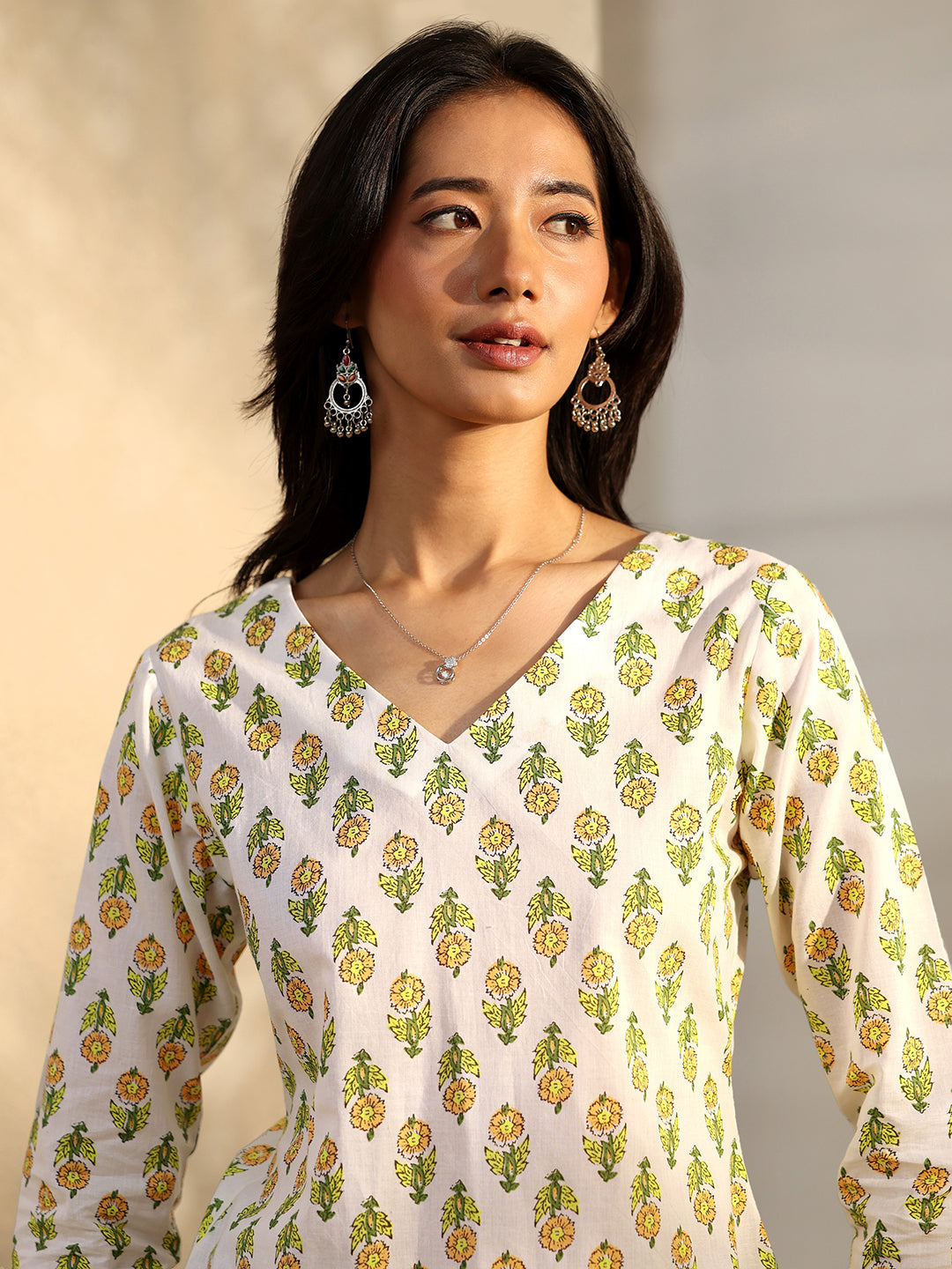 White Printed Cotton Straight Short Kurti