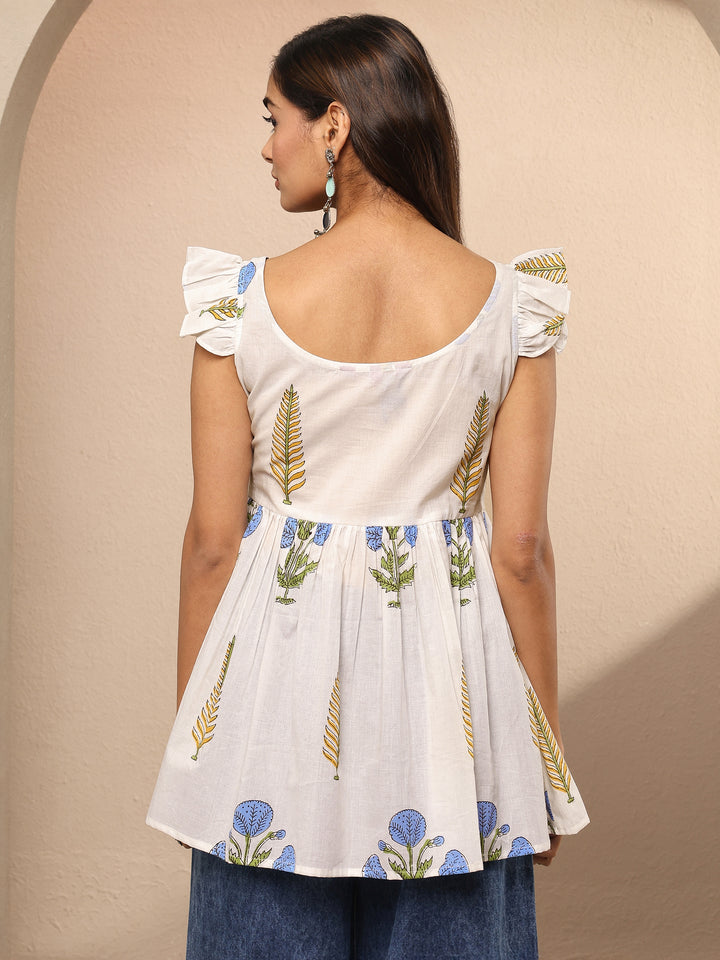 White Printed Cotton Anarkali Short Kurti