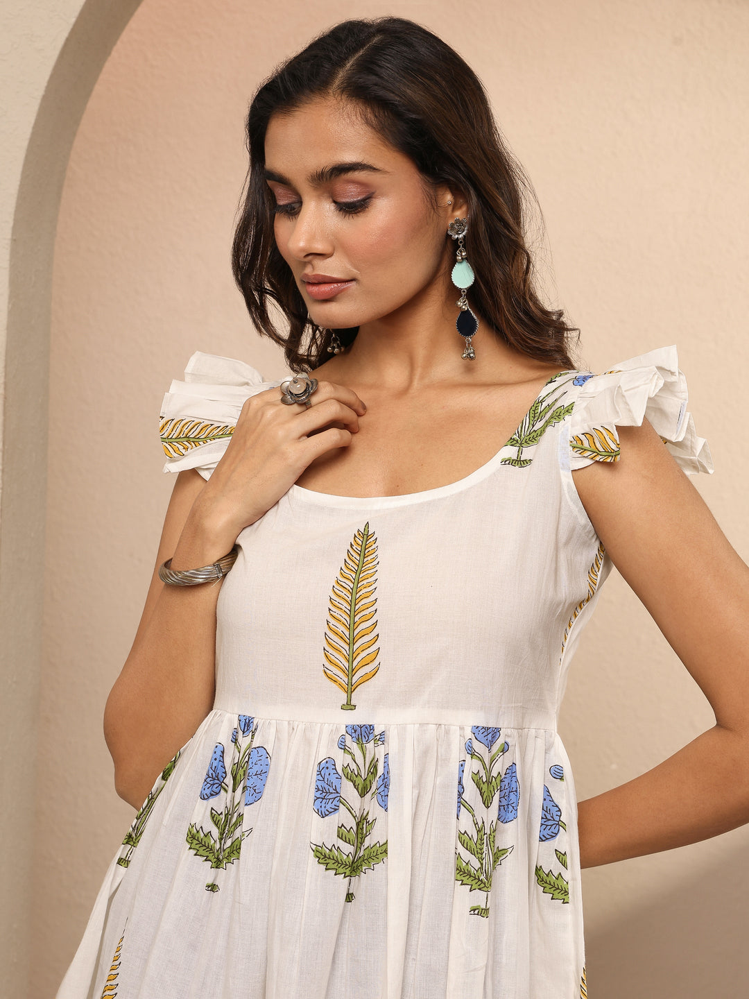 White Printed Cotton Anarkali Short Kurti