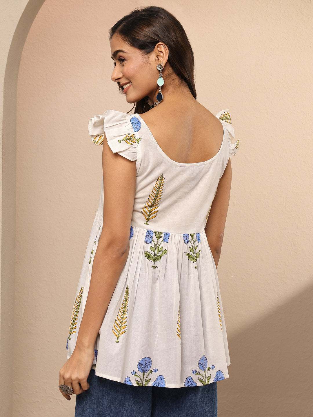 White Printed Cotton Anarkali Short Kurti