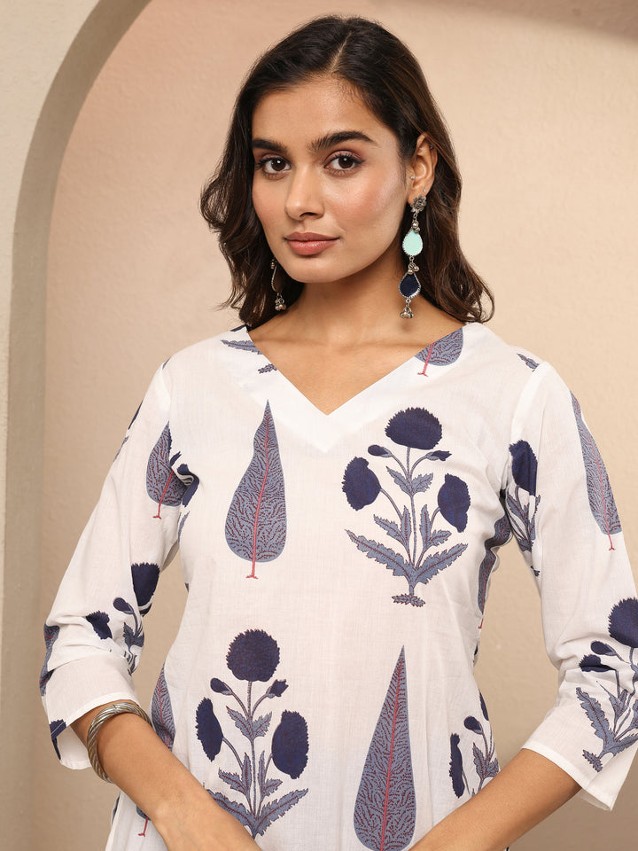 White Printed Cotton Straight Short Kurti