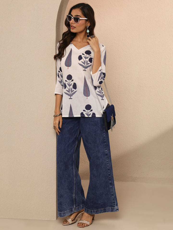 White Printed Cotton Straight Short Kurti