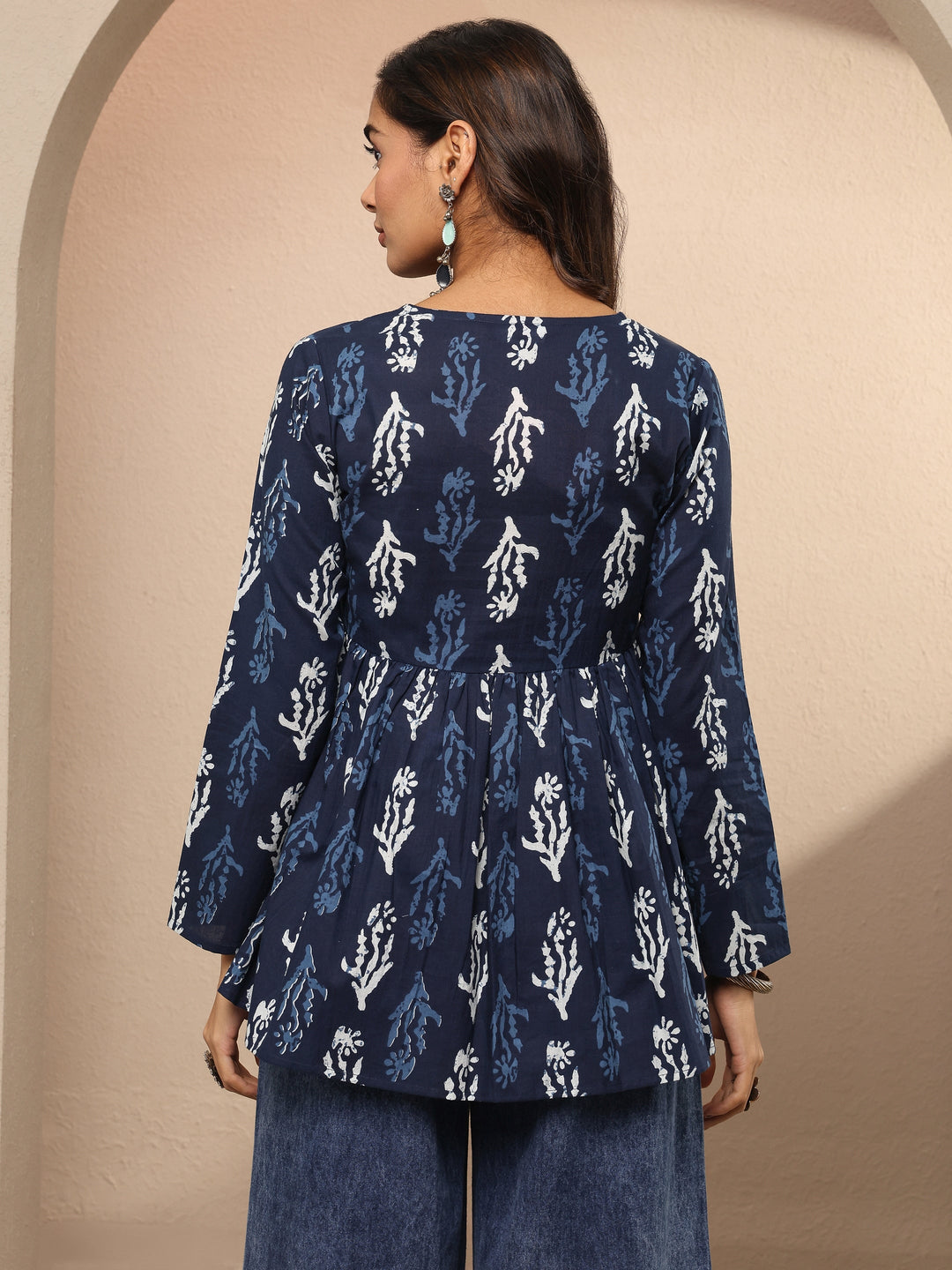 Blue Abstract Printed Cotton A-Line Short Kurti