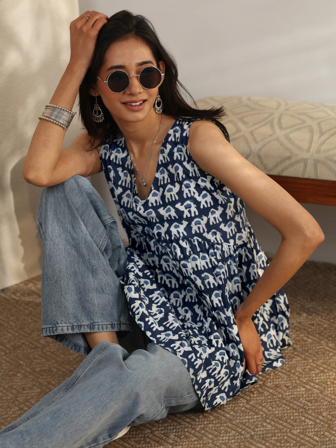 Blue Humanoid Printed Cotton A-Line Short Kurti
