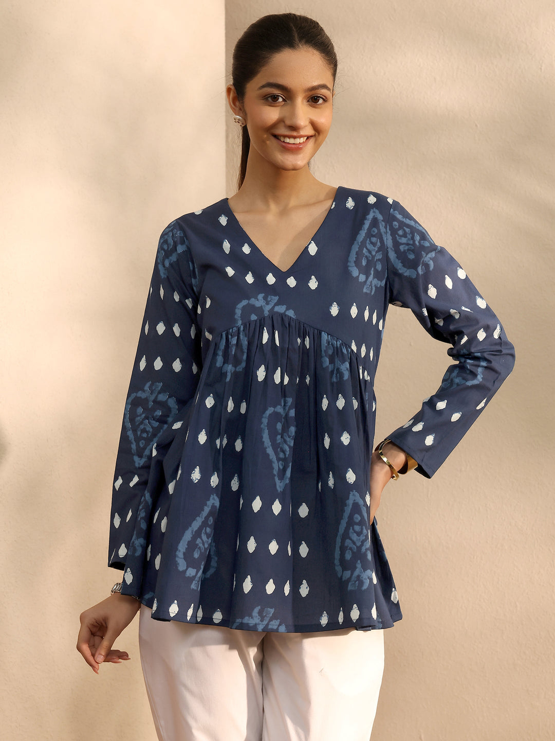 Blue Printed Cotton Blend A-Line Short Kurti