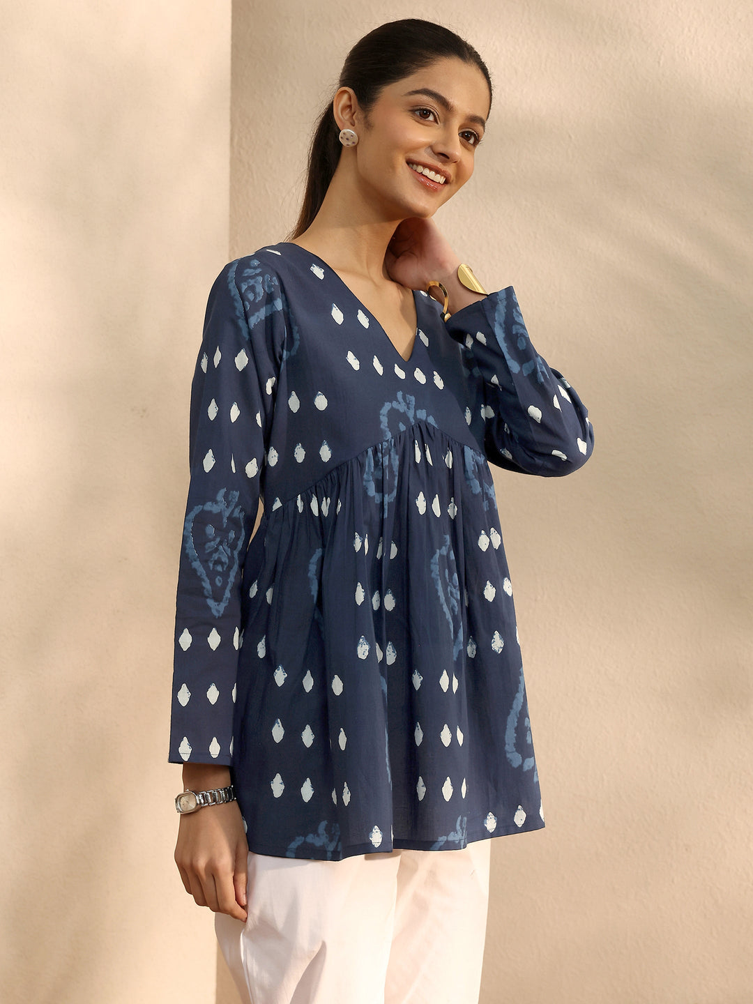 Blue Printed Cotton Blend A-Line Short Kurti