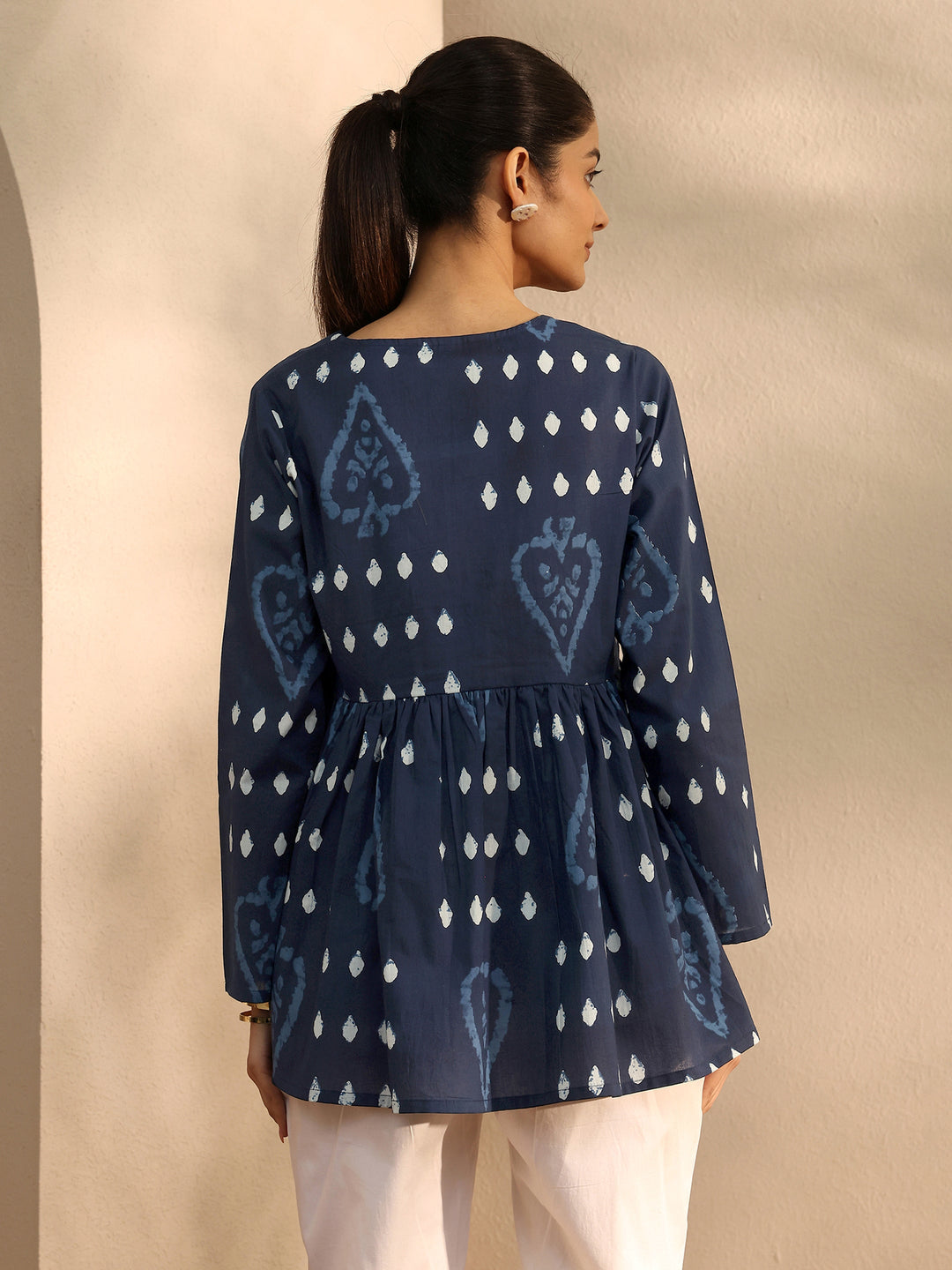 Blue Printed Cotton Blend A-Line Short Kurti