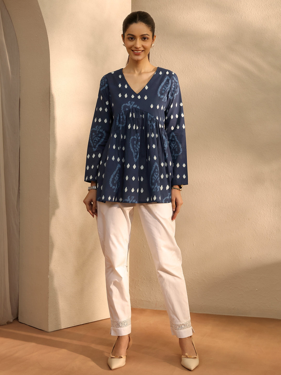 Blue Printed Cotton Blend A-Line Short Kurti