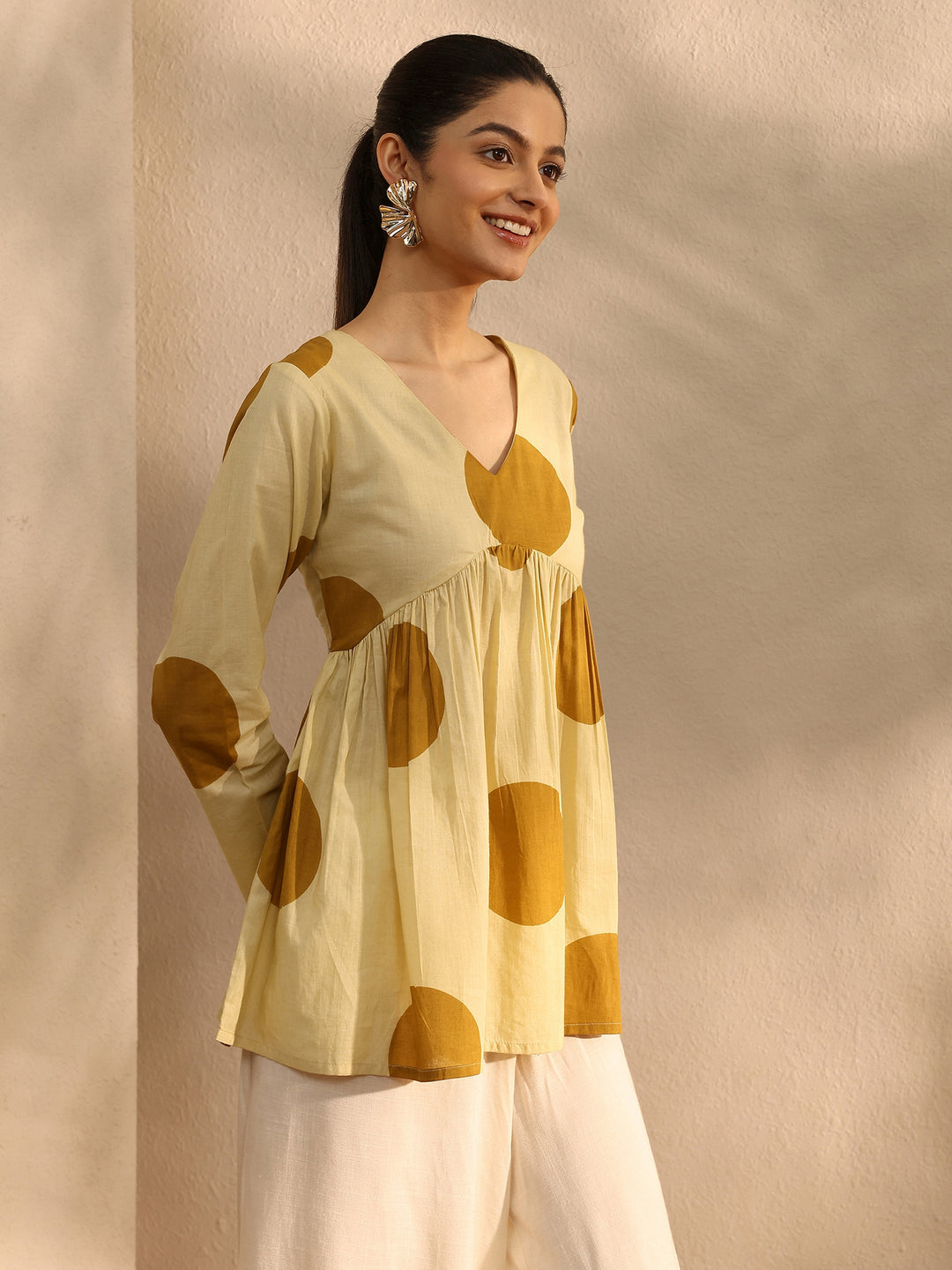 Beige Printed Cotton Blend A-Line Short Kurti