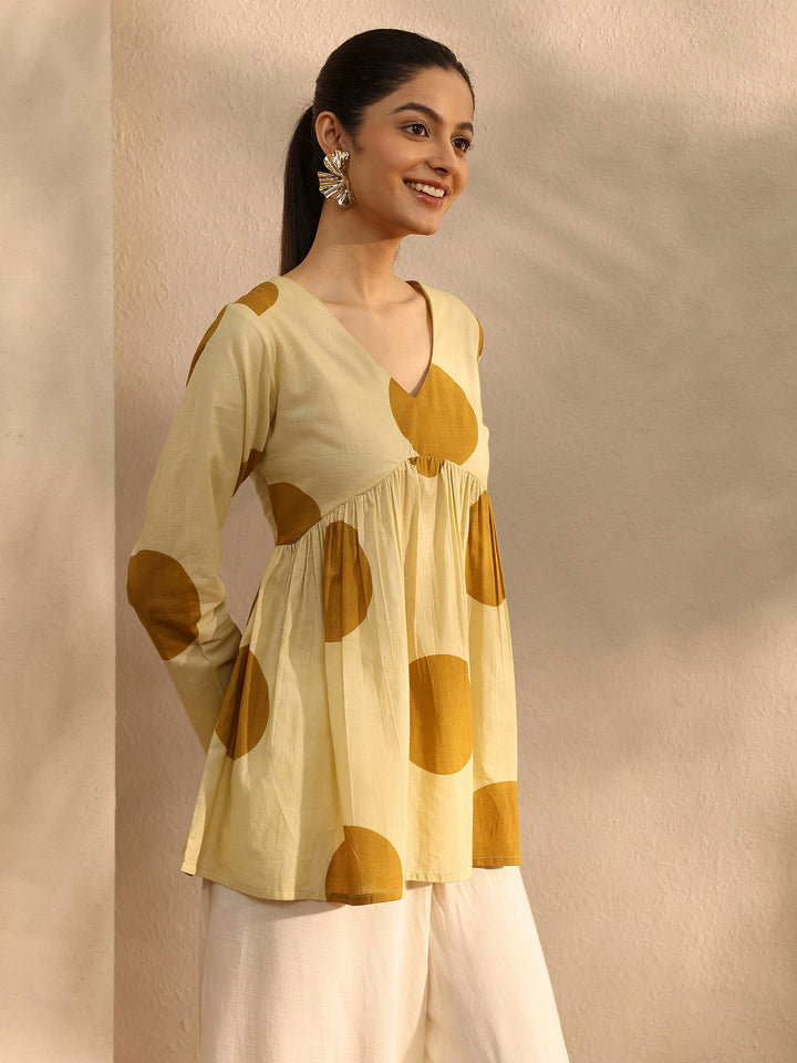 Beige Printed Cotton Blend A-Line Short Kurti