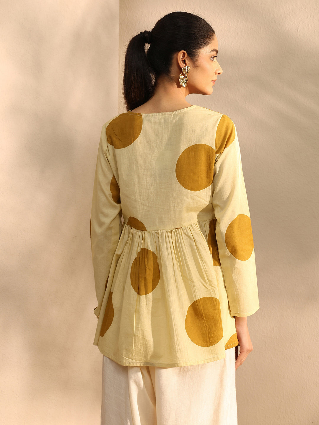 Beige Printed Cotton Blend A-Line Short Kurti