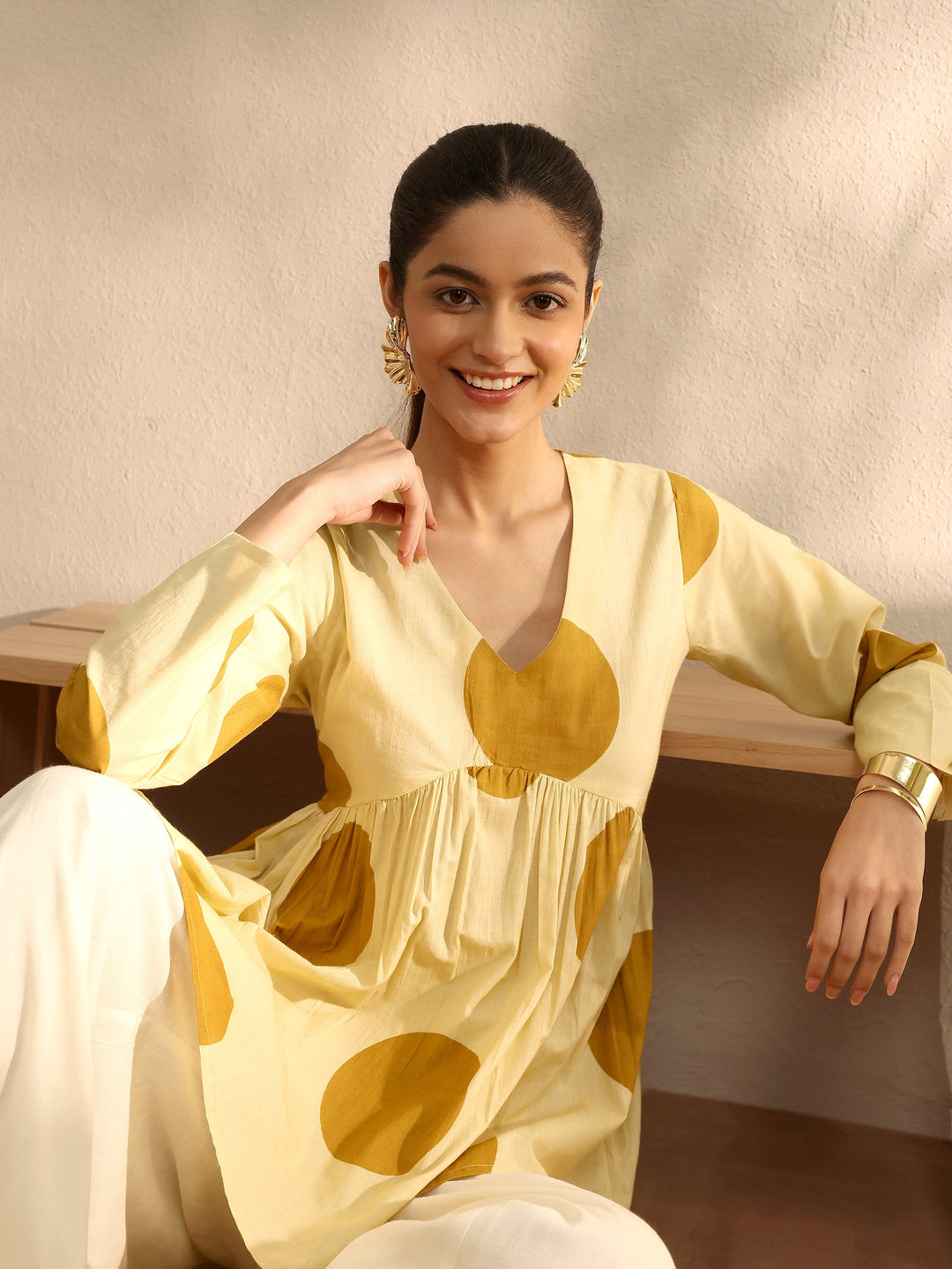 Beige Printed Cotton Blend A-Line Short Kurti