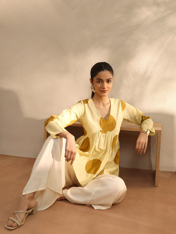 Beige Printed Cotton Blend A-Line Short Kurti