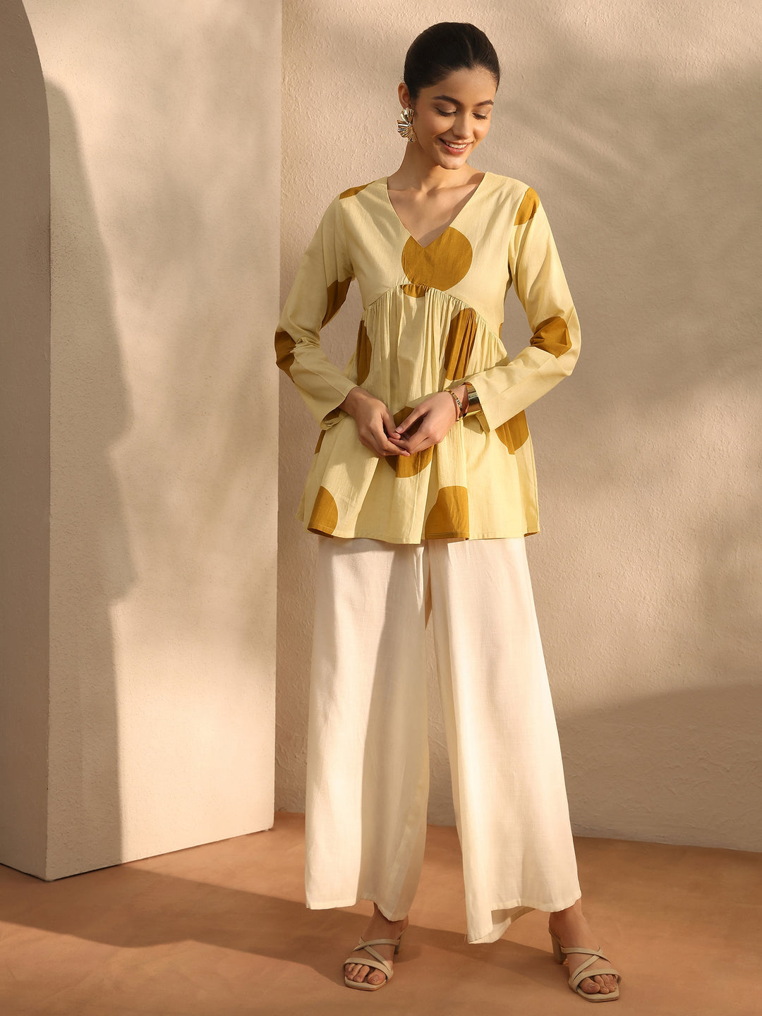 Beige Printed Cotton Blend A-Line Short Kurti