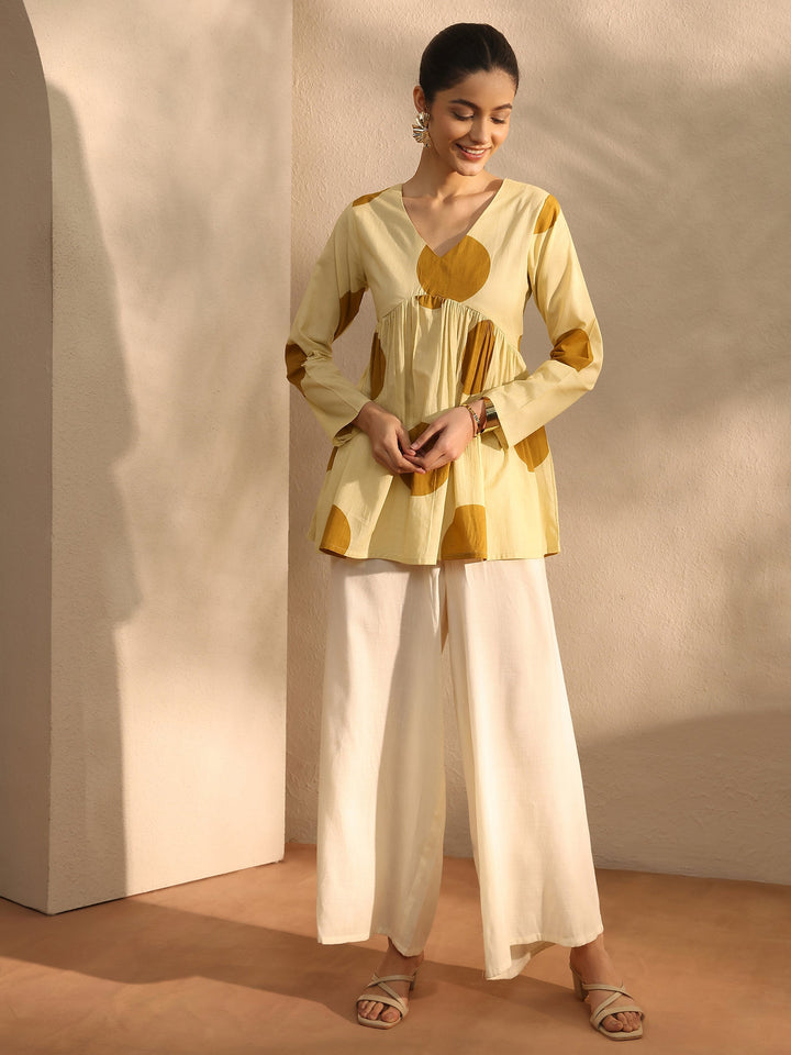 Beige Printed Cotton Blend A-Line Short Kurti