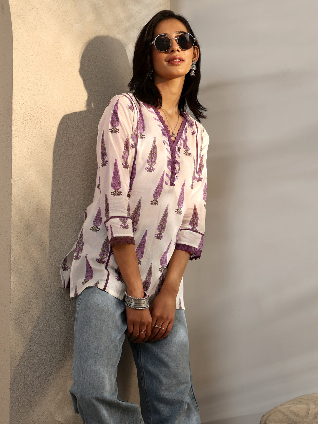 White Paisley Printed Cotton Straight Short Kurti