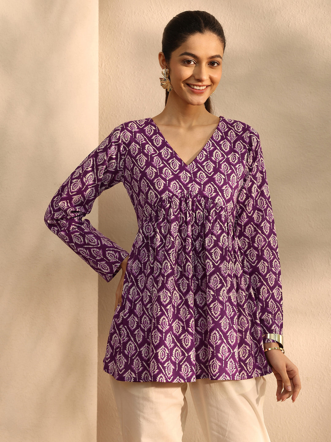 Burgundy Printed Cotton Blend A-Line Short Kurti