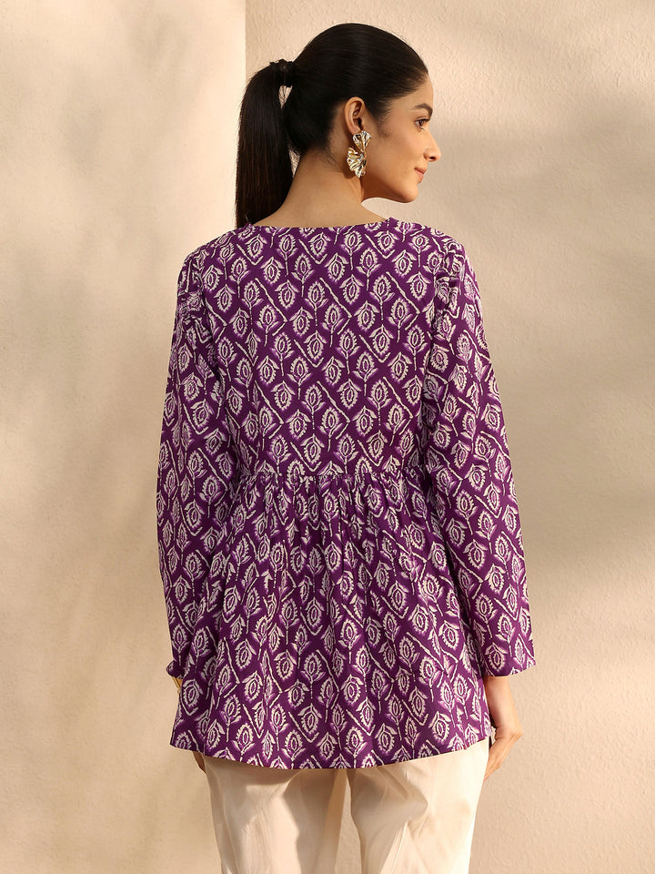 Burgundy Printed Cotton Blend A-Line Short Kurti