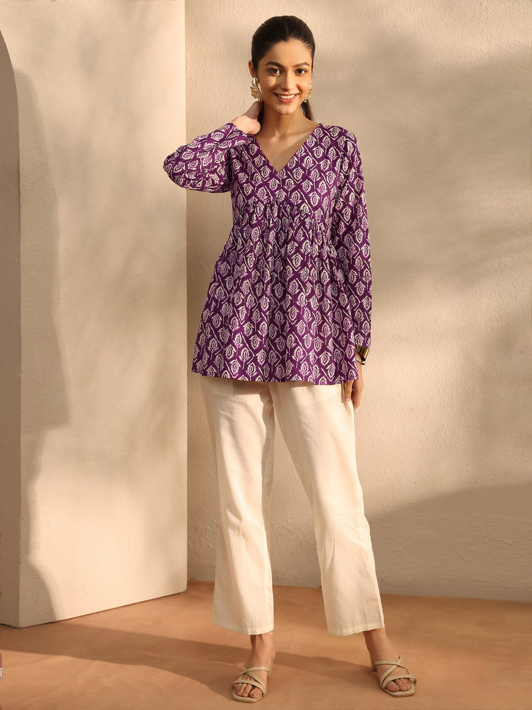 Burgundy Printed Cotton Blend A-Line Short Kurti