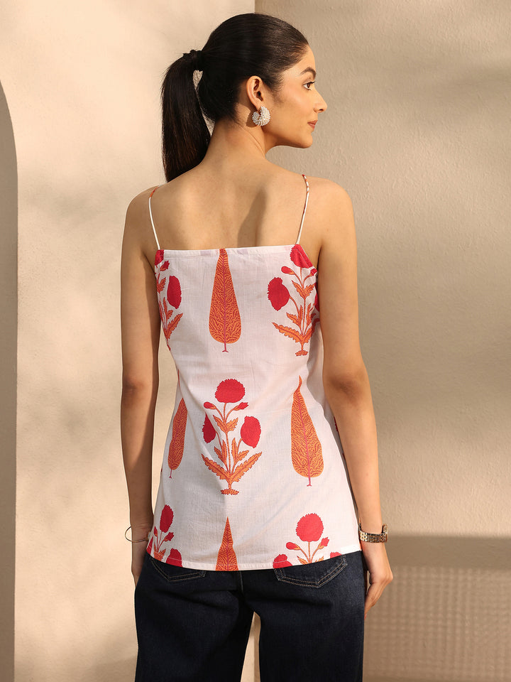 White Floral Printed Cotton Blend Straight Short Kurti
