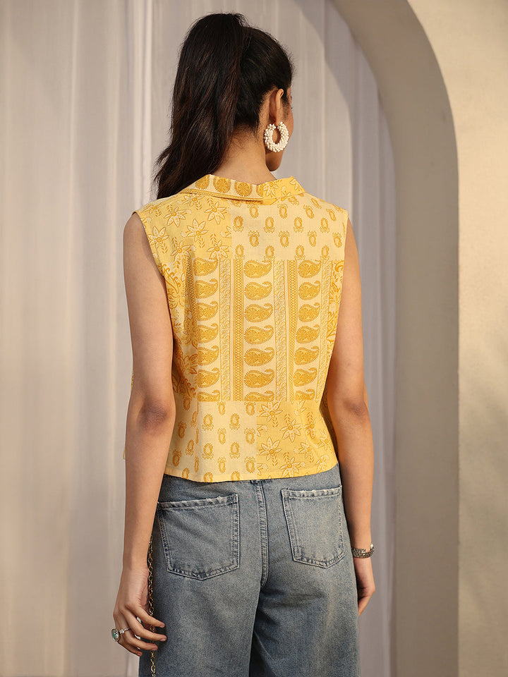 Yellow Printed Cotton Straight Short Kurti