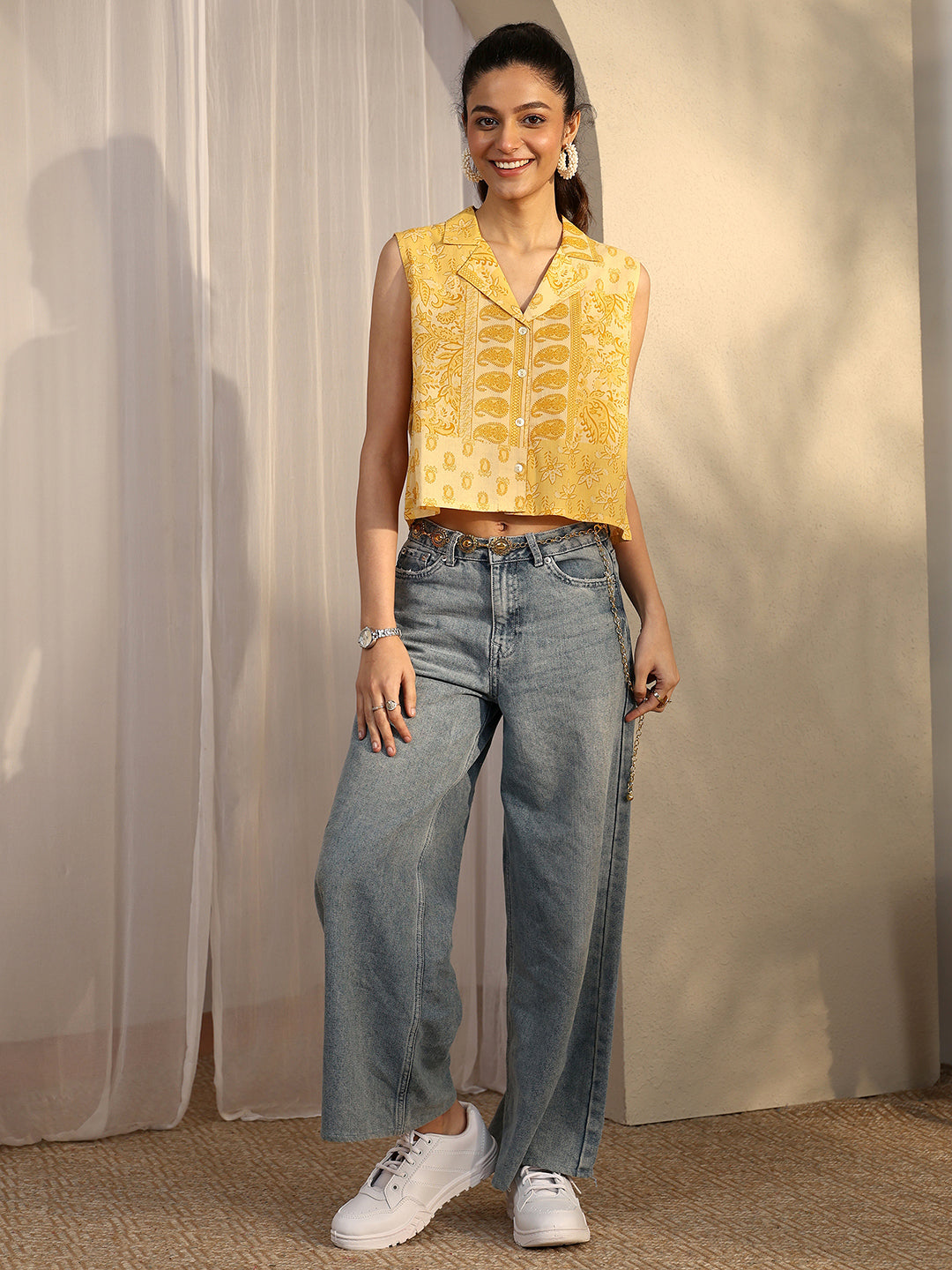 Yellow Printed Cotton Straight Short Kurti