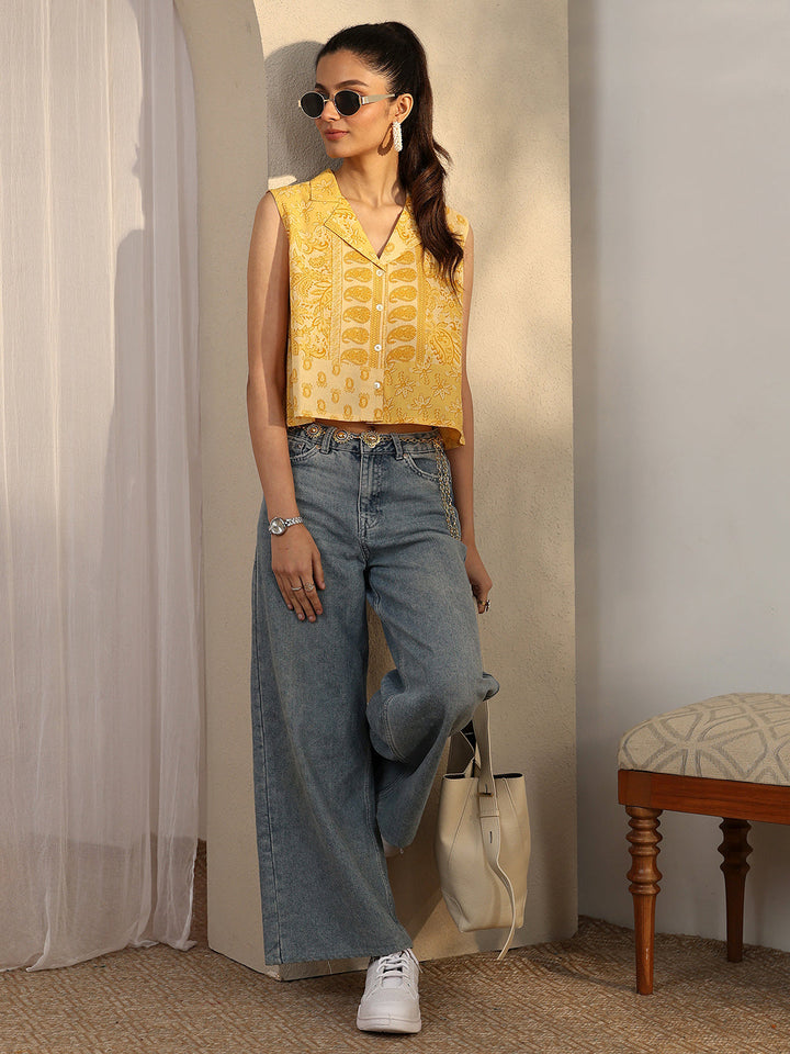 Yellow Printed Cotton Straight Short Kurti