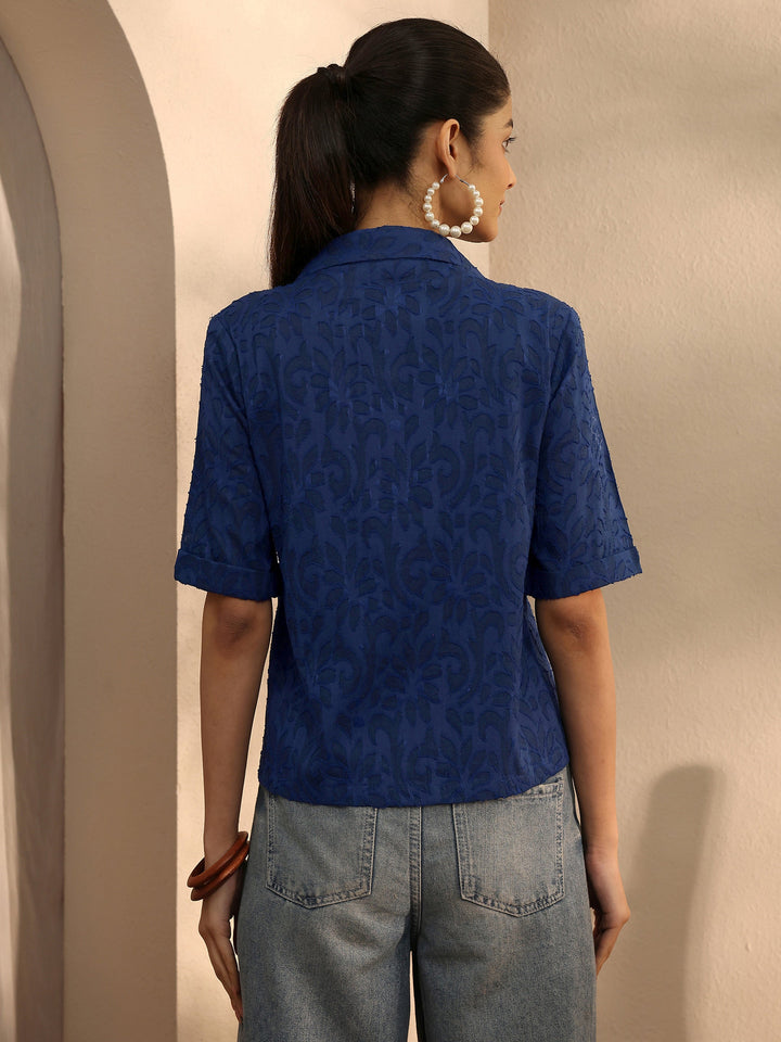 Blue Self Design Cotton Straight Shirt