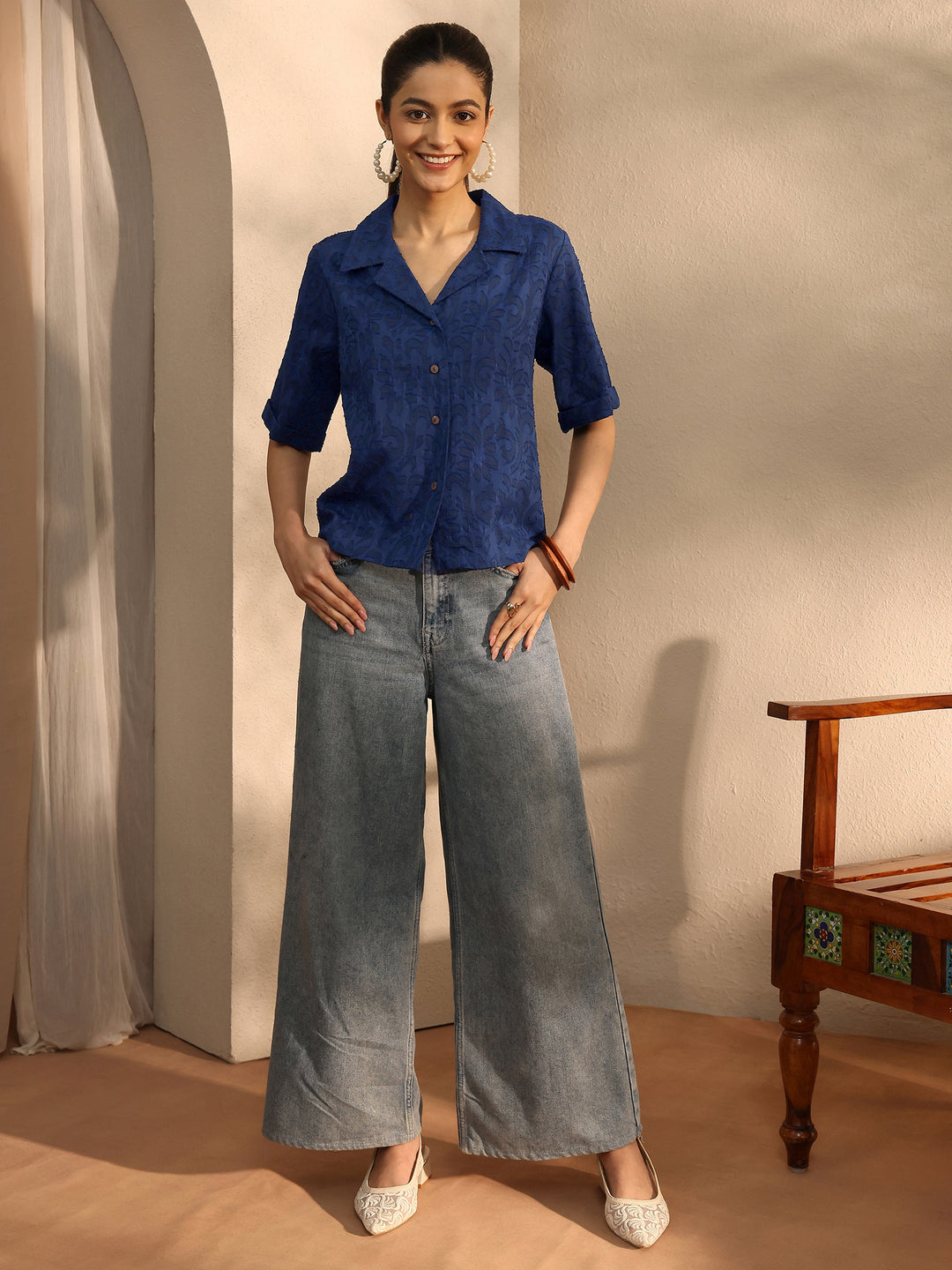 Blue Self Design Cotton Straight Shirt