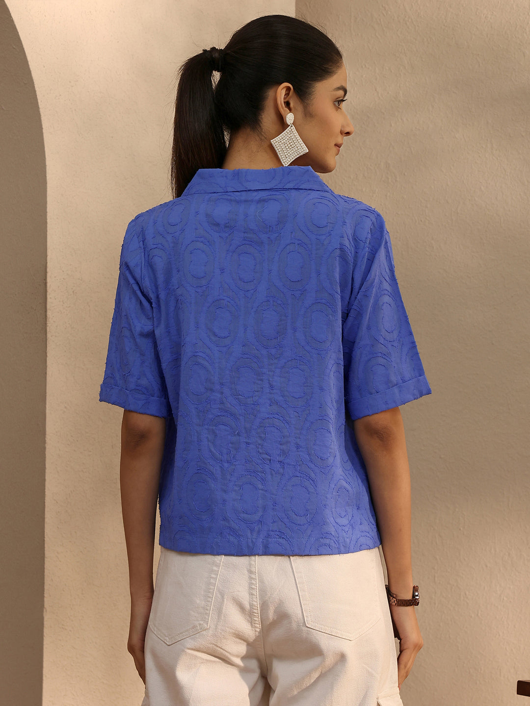 Blue Self Design Cotton Straight Shirt