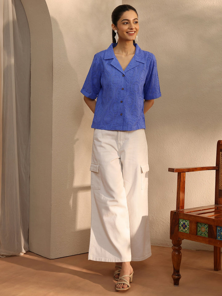 Blue Self Design Cotton Straight Shirt