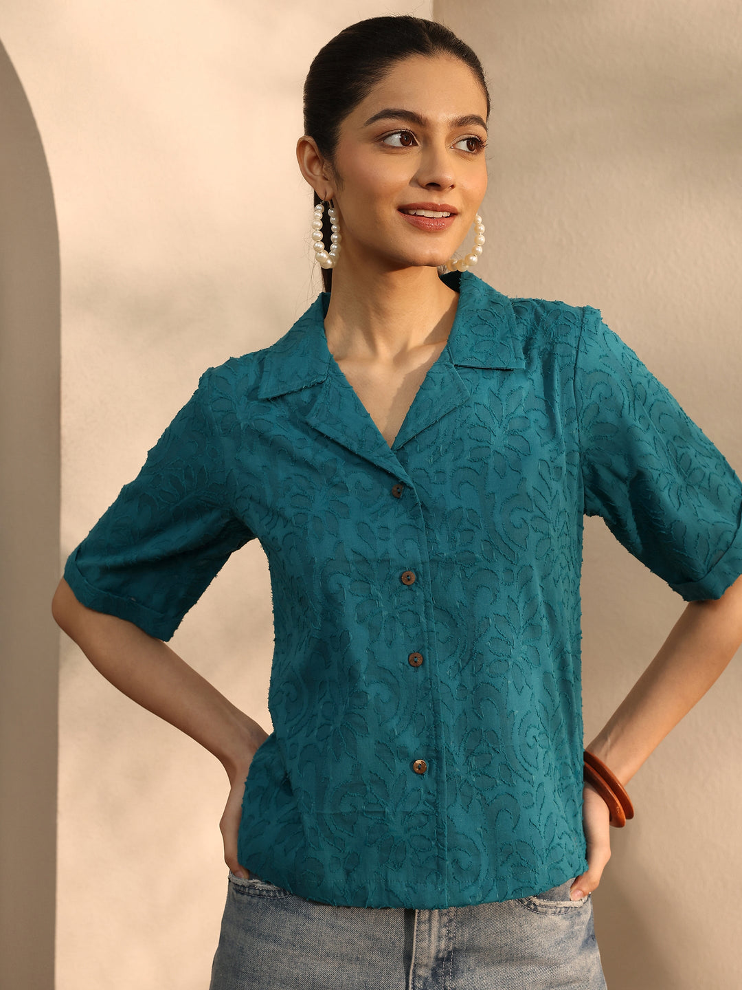 Teal Self Design Cotton Straight Shirt