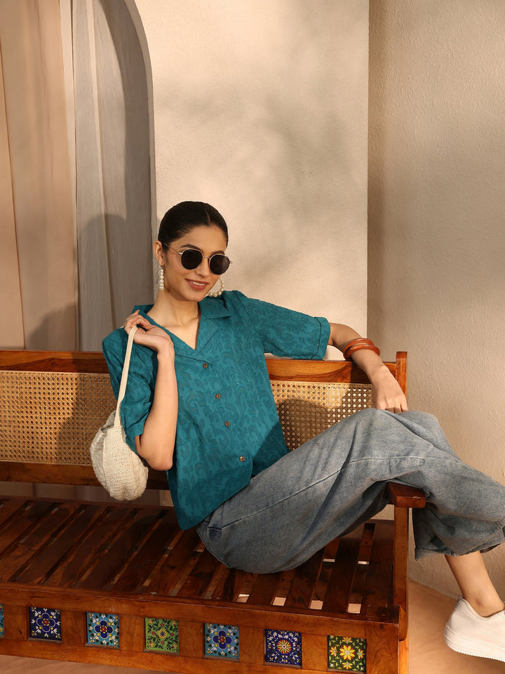 Teal Self Design Cotton Straight Shirt