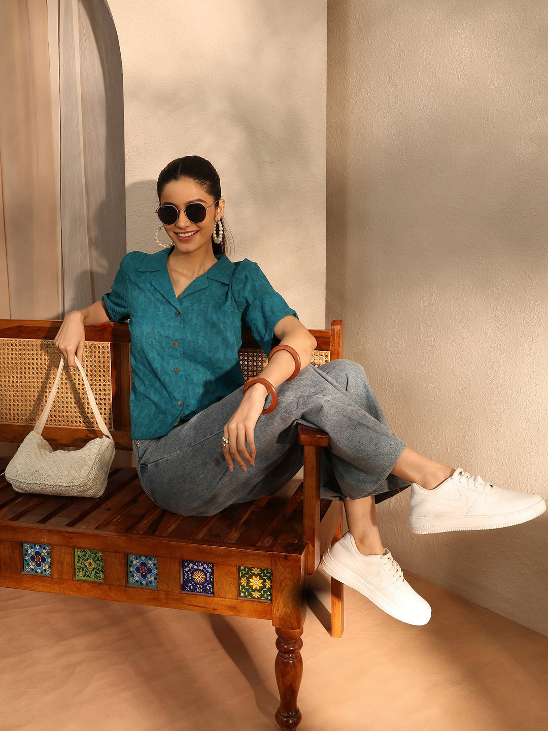 Teal Self Design Cotton Straight Shirt