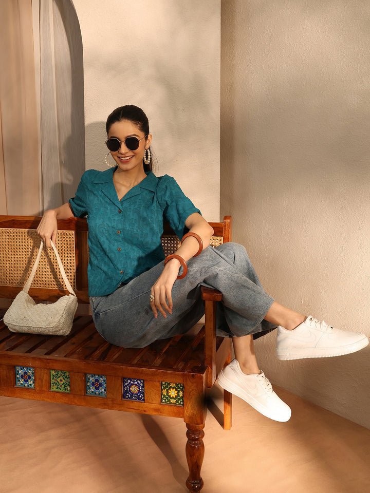 Teal Self Design Cotton Straight Shirt