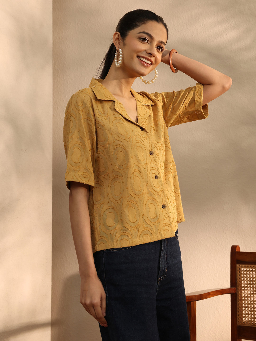 Mustard Self Design Cotton Straight Shirt