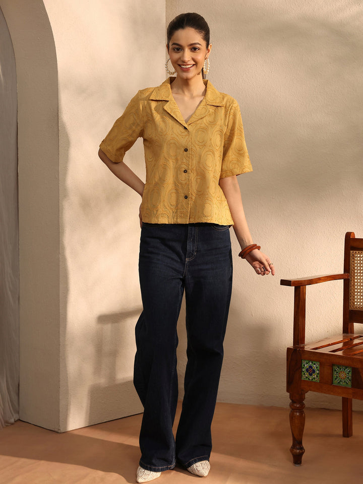 Mustard Self Design Cotton Straight Shirt
