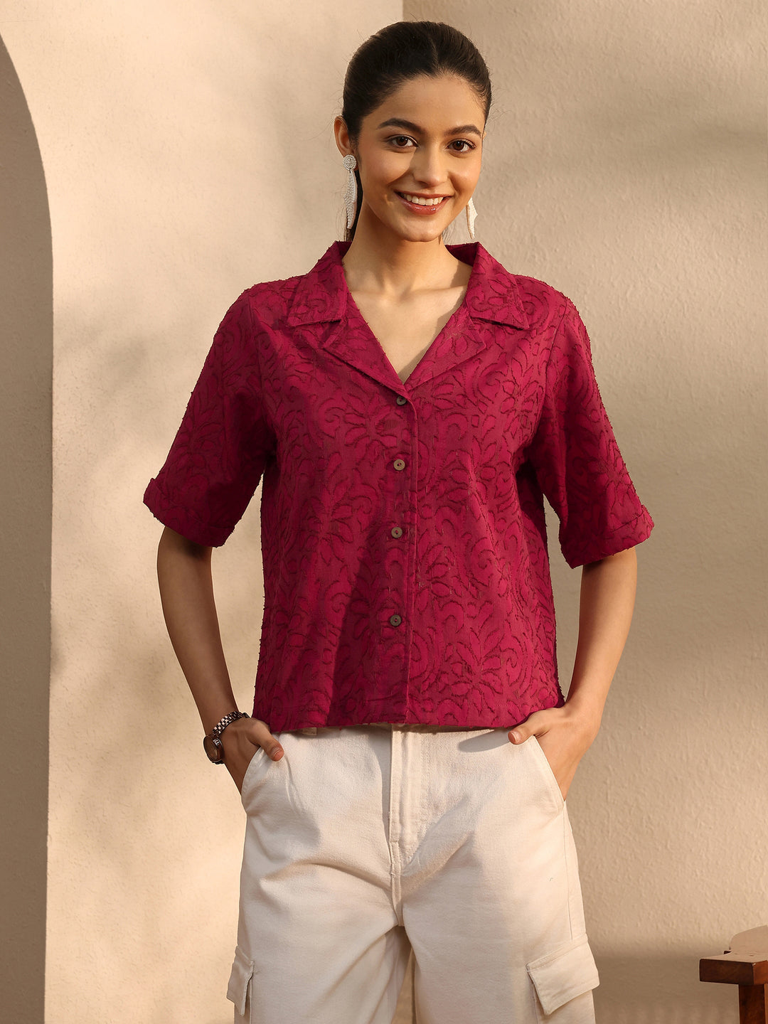 Maroon Self Design Cotton Straight Shirt