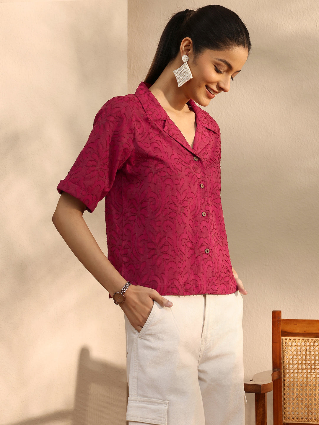 Maroon Self Design Cotton Straight Shirt