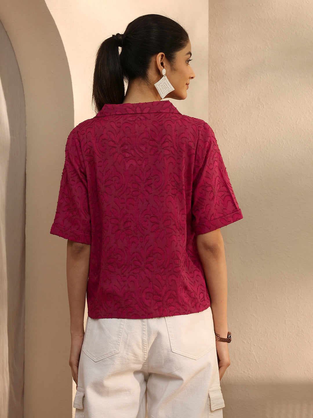 Maroon Self Design Cotton Straight Shirt