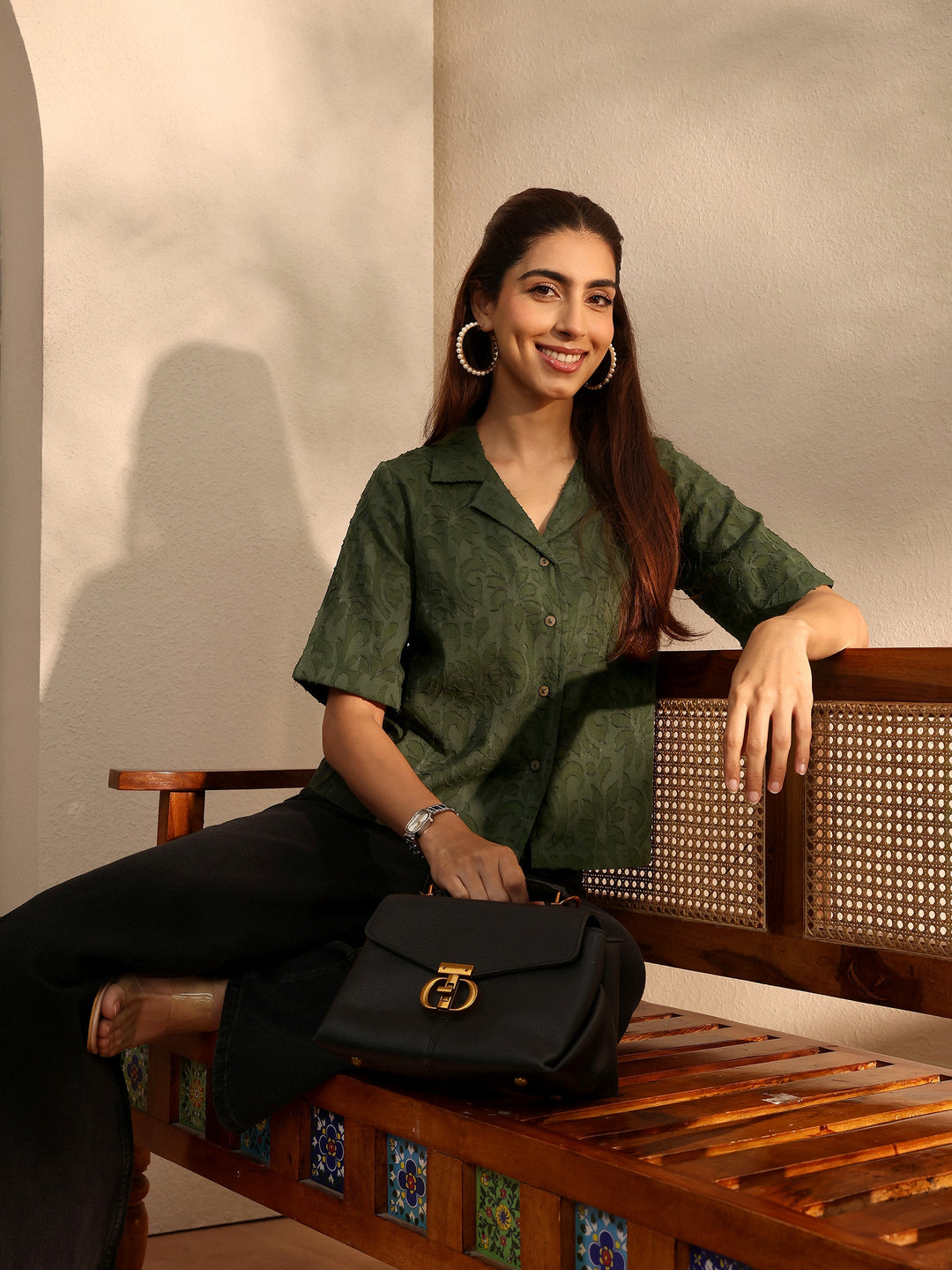 Green Self Design Cotton Straight Shirt