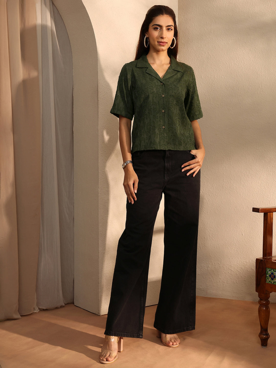 Green Self Design Cotton Straight Shirt