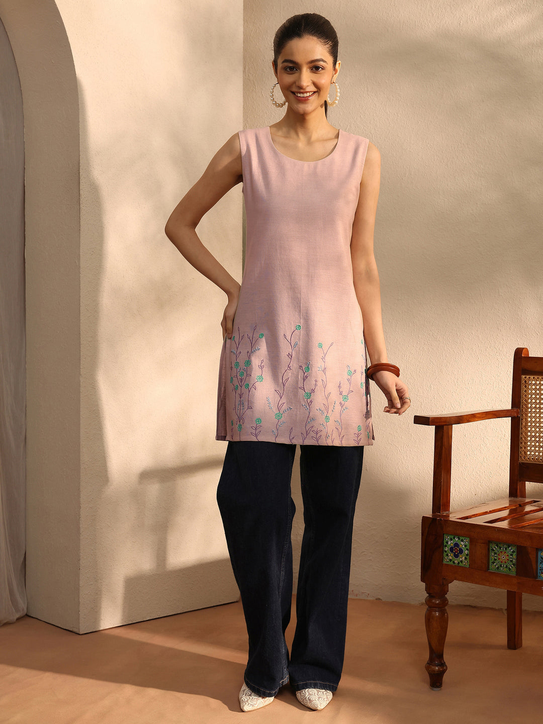Peach Embroidered Linen Straight Short Kurti