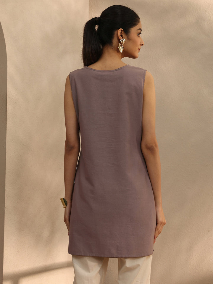 Brown Embroidered Linen Straight Short Kurti