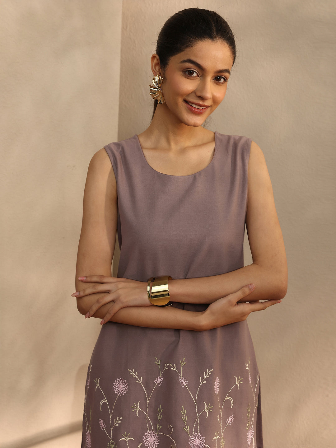 Brown Embroidered Linen Straight Short Kurti